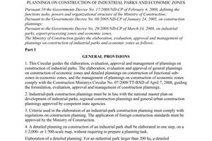 Circular No. 19/2008/TT-BXD of November 20, 2008, guiding the elaboration, evaluation, approval and management of plannings on construction of industrial parks and economic zones.