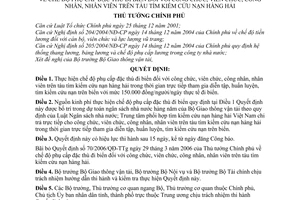 Quyết định 148/2008/QĐ-TTg chế độ phụ cấp đặc thù đi biển công chức, viên chức, công nhân, nhân viên trên tàu tìm kiếm cứu nạn hàng hải