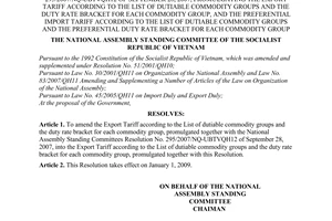 Resolution No. 710/2008/NQ-UBTVQH12 of November 22, 2008, amending the National Assembly Standing Committees Resolution No. 295/2007/NQ-UBTVQH12 of September 28, 2007, promulgating the export tariff according to the list of dutiable commodity groups and the duty rate bracket for each commodity group, and the preferential import tariff according to the list of dutiable commodity groups and the preferential duty rate bracket for each commodity group.