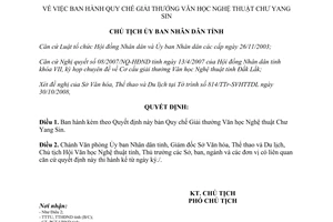 Quyết định 3193/QĐ-UBND 2008 Quy chế Giải thưởng Văn học Nghệ thuật Chư Yang Sin Đắk Lắk