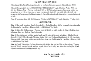 Quyết định 92/2008/QĐ-UBND chức năng nhiệm vụ quyền hạn Sở Lao động Tây Ninh