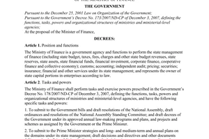 Decree No. 118/2008/ND-CP of November 27, 2008, defining the functions, tasks, powers and organizational structure of the Ministry of Finance.