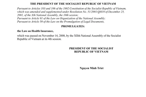 Order No. 23/2008/L-CTN of November 28, 2008, on the promulgation the Law on Health Insurance