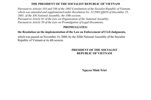 Order No. 26/2008/L-CTN of November 28, 2008, on the promulgation of the Resolution on the implementation of the Law on Enforcement of Civil Judgments