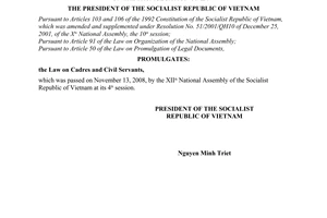 Order No. 20/2008/L-CTN of November 28, 2008, on the promulgation of the Law Cadres anh Civil Servants