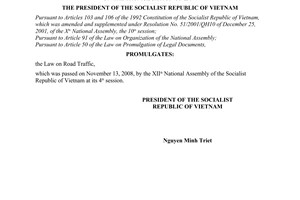 Order No. 21/2008/L-CTN of November 28, 2008, on the promulgation of the Law on Road Traffic