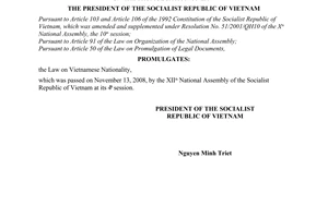 Order No. 22/2008/L-CTN of November 28, 2008, on the promulgation of the law on Vietnamese Nationality