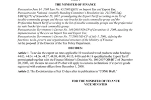 Decision No. 109/2008/QD-BTC of November 28, 2008, revising export tax rates for wood and wood products in the export tariff.