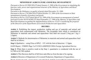 Decision No. 3762/QD-BNN-CN on management of melamine in livestock production