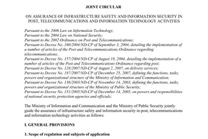 Joint Circular No. 06/2008/TTLT-BTTTT-BCA of November 28, 2008, on assurance of infrastructure safety and information security in post, telecommunications and information technology activities.