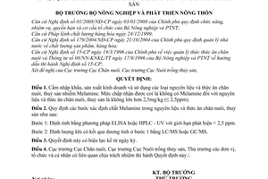 Quyết định  3762/QĐ-BNN-CN quản lý chất melamine trong chăn nuôi và nuôi trồng thuỷ sản
