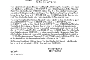 Công văn  2529/BXD-KTXD Hướng dẫn áp dụng TT 17/2008/TT-BXD cho Dự án Thuỷ điện Sơn La