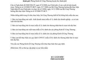 Công văn 691/SCT-QLTMDV thực hiện cấp phép hoạt động sản xuất và kinh doanh rượu