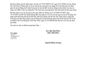 Công văn  9346/BGTVT-TC bàn giao tài sản thu hồi từ dự án đóng tàu tìm kiếm cứu nạn sử dụng vốn ORET