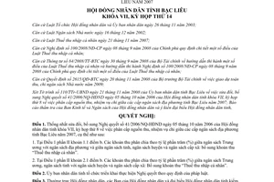 Nghị quyết 14/2008/NQ-HĐND sửa 41/2006/NQ-HĐND phân cấp thu chi ngân sách Bạc Liêu 2007