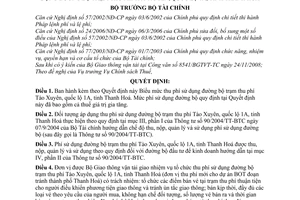 Quyết định 113/2008/QĐ-BTC quy định mức, chế độ thu, nộp, quản lý và sử dụng phí sử dụng đường bộ trạm thu phí tào xuyên, quốc lộ 1A, tỉnh Thanh Hóa