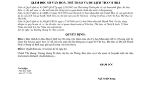 Quyết định 595/QĐ-SVHTTDL công việc giải quyết theo cơ chế một cửa