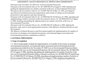 Circular No. 05/2008/TT-BTNMT of December 8, 2008, guiding strategic environmental assessment, environmental impact assessment and environmental protection commitment.