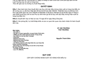 Quyết định 44/2008/QĐ-BCT Quy chế cấp Giấy chứng nhận xuất xứ hàng hóa Mẫu AJ để hưởng các ưu đãi theo Hiệp định đối tác kinh tế toàn diện ASEAN