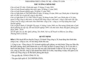 Quyết định 1779/QĐ-TTg phê duyệt Đề án chuyển Công ty 28 thành Tổng công ty 28, hoạt động theo hình thức công ty mẹ - công ty con