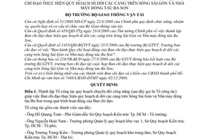 Quyết định 3726/QĐ-BGTVT thành lập tổ công tác quy hoạch chuyển đổi công năng giúp việc Ban chỉ đạo thực hiện quy hoạch di dời cảng trên sông Sài gòn