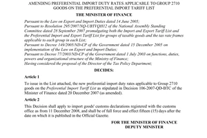 Decision No. 117/2008/QD-BTC of December 10th, 2008, amending preferential import duty rates applicable to group 2710 goods on the preferential import tariff list.