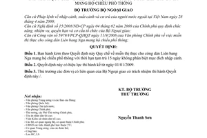 Quyết định 3207/2008/QĐ-BNG quy chế về miễn thị thực công dân Liên bang Nga mang hộ chiếu phổ thông