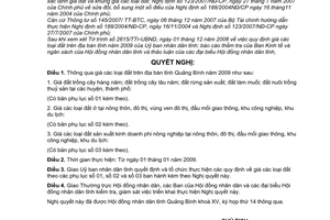 Nghị quyết 95/2008/NQ-HĐND quy định giá các loại đất trên địa bàn tỉnh năm 2009 tỉnh Quảng Bình