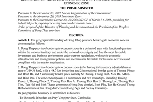 Decision No. 166/2008/QD-TTg of December 11, 2008, adjusting the geographical boundary, and promulgating the regulation on the operation of, dong thap province border-gate economic zone.