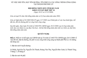 Nghị quyết 14/2008/NQ-HĐND đổi đặt tên đường phố công cộng Phủ Lý tỉnh Hà Nam