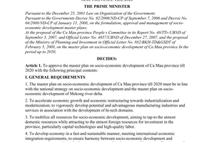 Decision No. 163/2008/QD-TTg of December 11, 2008, approving the master plan on socio-economic development of Ca Mau province till 2020.