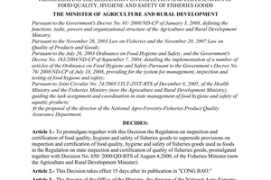 Decision No. 118/2008/QD-BNN of December 11, 2008, promulgating the regulation on inspection and certification of food quality, hygiene and safety of fisheries goods.