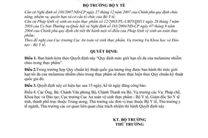 Quyết định 38/2008/QĐ-BYT Quy định mức giới hạn tối đa của melamine nhiễm chéo trong thực phẩm