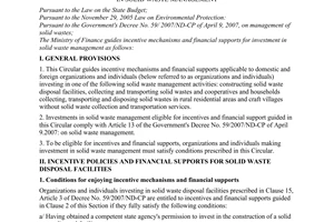Circular No. 121/2008/TT-BTC of December 12, 2008, guiding incentive mechanisms and financial supports for investment in solid waste management.