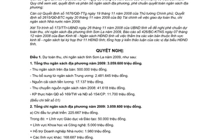 Nghị quyết số 242/2008/NQ-HĐND dự toán ngân sách tỉnh Sơn La năm 2009