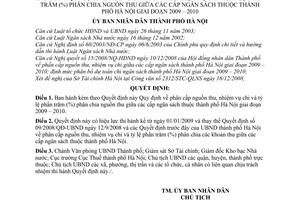 Quyết định 52/2008/QĐ-UBND Quy định phân cấp nguồn thu, nhiệm vụ chi và tỷ lệ phần trăm (%) phân chia nguồn thu các cấp ngân sách, TP Hà Nội 2009-2010
