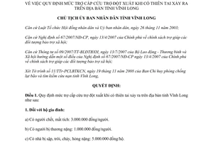 Quyết định số 2518/QĐ-UBND năm 2008 mức trợ cấp cứu trợ đột xuất khi có thiên tai Vĩnh Long