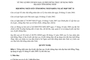 Nghị quyết 128/2008/NQ-HĐND thu lệ phí cấp bản sao chứng thực Đồng Tháp