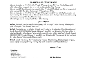 Quyết định 46/2008/QĐ-BCT Quy chế xét tặng Kỷ niệm chương “Vì sự nghiệp phát triển ngành Công Thương Việt Nam"