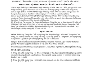 Quyết định 4025/QĐ-BNN-TCCB thành lập Trung tâm Chất lượng nông lâm thủy sản vùng 1 trên cơ sở Trung tâm Chất lượng, An toàn vệ sinh và Thúy thủy sản