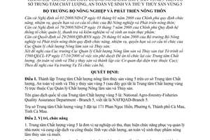 Quyết định 4029/QĐ-BNN-TCCB thành lập Trung tâm Chất lượng nông lâm thủy sản vùng 5 trên cơ sở Trung tâm Chất lượng, An toàn vệ sinh và Thú y thủy sản