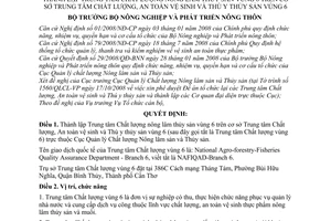 Quyết định 4030/QĐ-BNN-TCCB thành lập Trung tâm Chất lượng nông lâm thủy sản vùng 6 trên cơ sở Trung tâm Chất lượng, An toàn vệ sinh và Thú y thủy sản