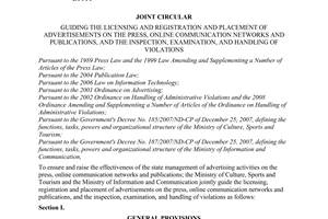 Joint Circular No. 85/2008/TTLT-BVHTTDL-BTTTT of December 18, 2008, guiding the licensing and registration and placement of advertisements on the press, online communication networks and publications, and the inspection, examination, and handling of violations.