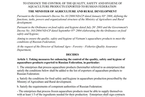 Decision No. 4041/QD-BNN-QLCL control of the quality safety aquaculture products