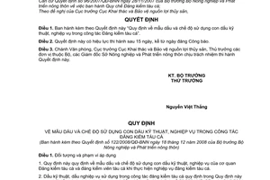 Quyết định 122/2008/QĐ-BNN  Quy định về mẫu dấu và chế độ sử dụng con dấu kỹ thuật, nghiệp vụ trong công tác Đăng kiểm tàu cá