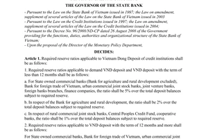 Decision No. 3158/QD-NHNN of December 19, 2008, on the adjustment of required reserve ratio for Vietnam dong deposit of credit institutions