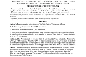 Decision No. 3159/QD-NHNN of December 19, 2008, on refinancing interest rate, rediscount interest rate and interest rate applicable to overnight loan in he Inter-bank electronic payment and applicable to loan for making up capital deficit in the clearing payment of state bank of Vietnam for banks