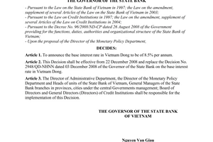Decision No. 3161/QD-NHNN of December 19, 2008, on the base interest rate in Vietnam dong