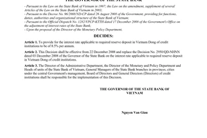 Decision No. 3162/QD-NHNN of December 19, 2008, on the interest rate applicable to required reserve deposit in Vietnam dong of credit institutions