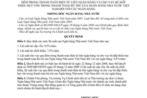 Quyết định 3159/QĐ-NHNN lãi suất tái cấp vốn, lãi suất tái chiết khấu, lãi suất cho vay qua đêm trong thanh toán điện tử liên ngân hàng